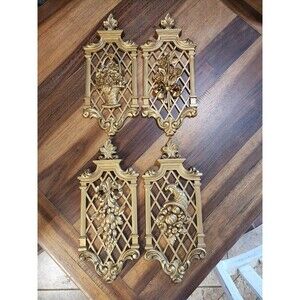 4 Homco Syroco Gold Floral Wall Plaques Hollywood Regency MCM 1971 Retro Art